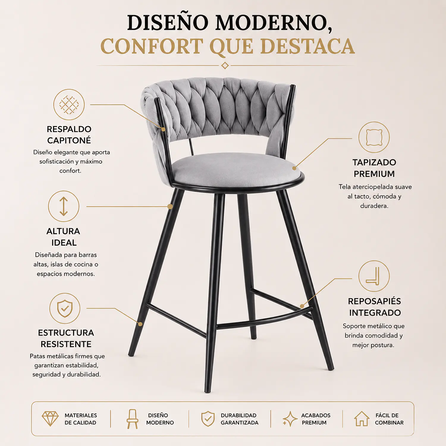 Taburete Bar Queen Fijo de Felpa Trenzado con Patas Negras de Acero 3