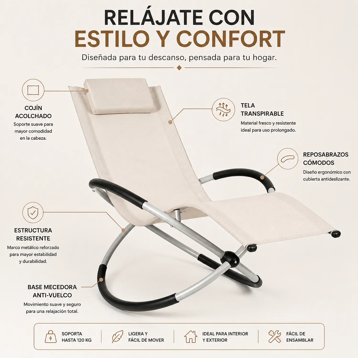 Silla Mecedora Ergonómica Plegable con Reposacabezas 3