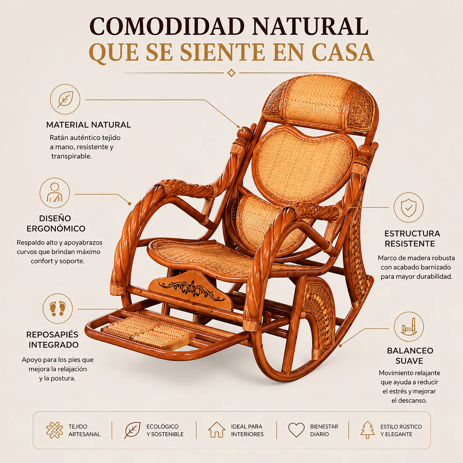 Mecedora de Ratán Natural con Reposapiés 3