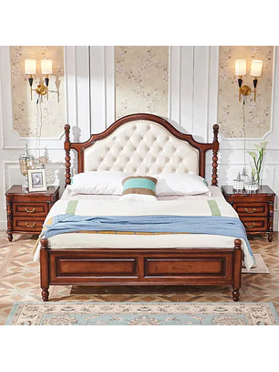Cama Americana de Madera Maciza Color Caoba con Respaldo Capitoné