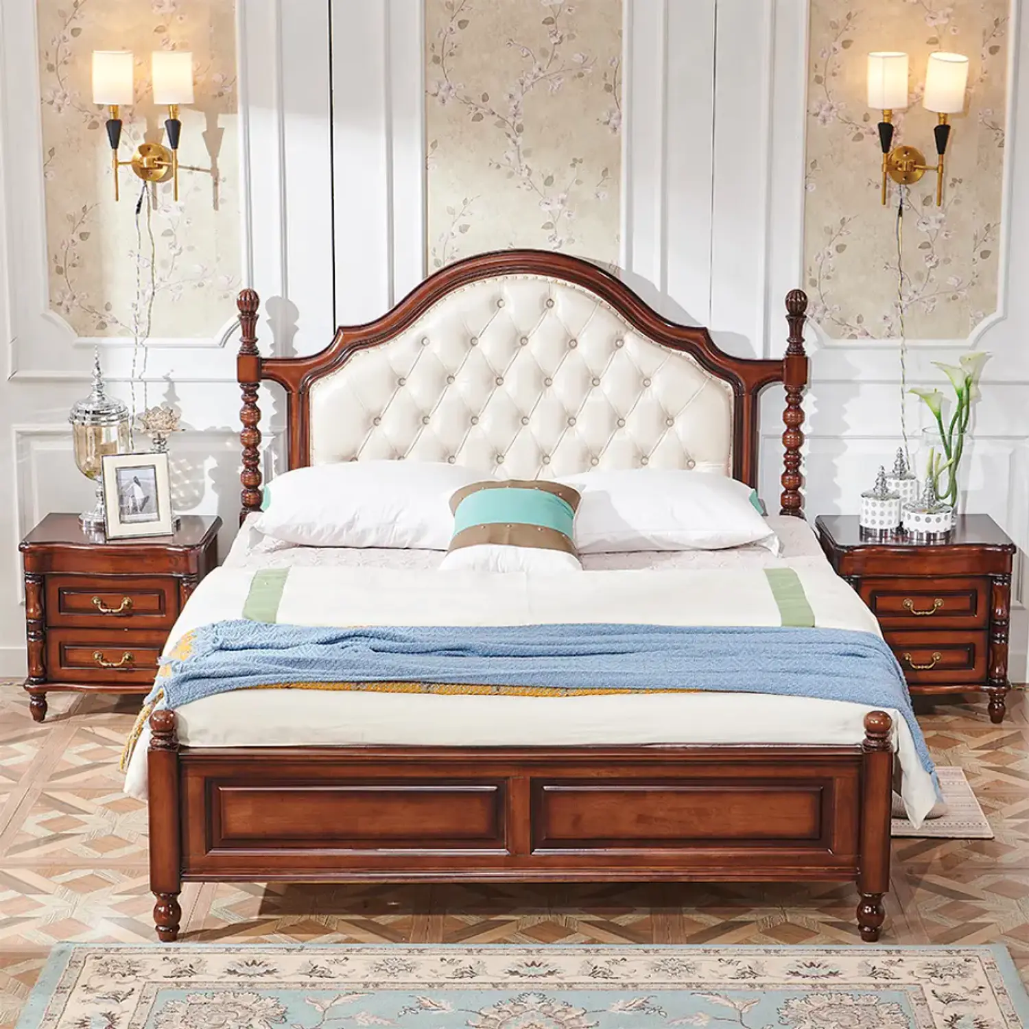 Cama Americana de Madera Maciza Color Caoba con Respaldo Capitoné 1