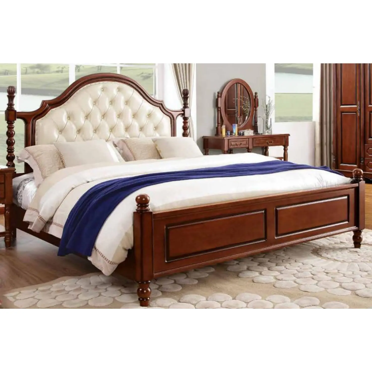 Cama Americana de Madera Maciza Color Caoba con Respaldo Capitoné 2