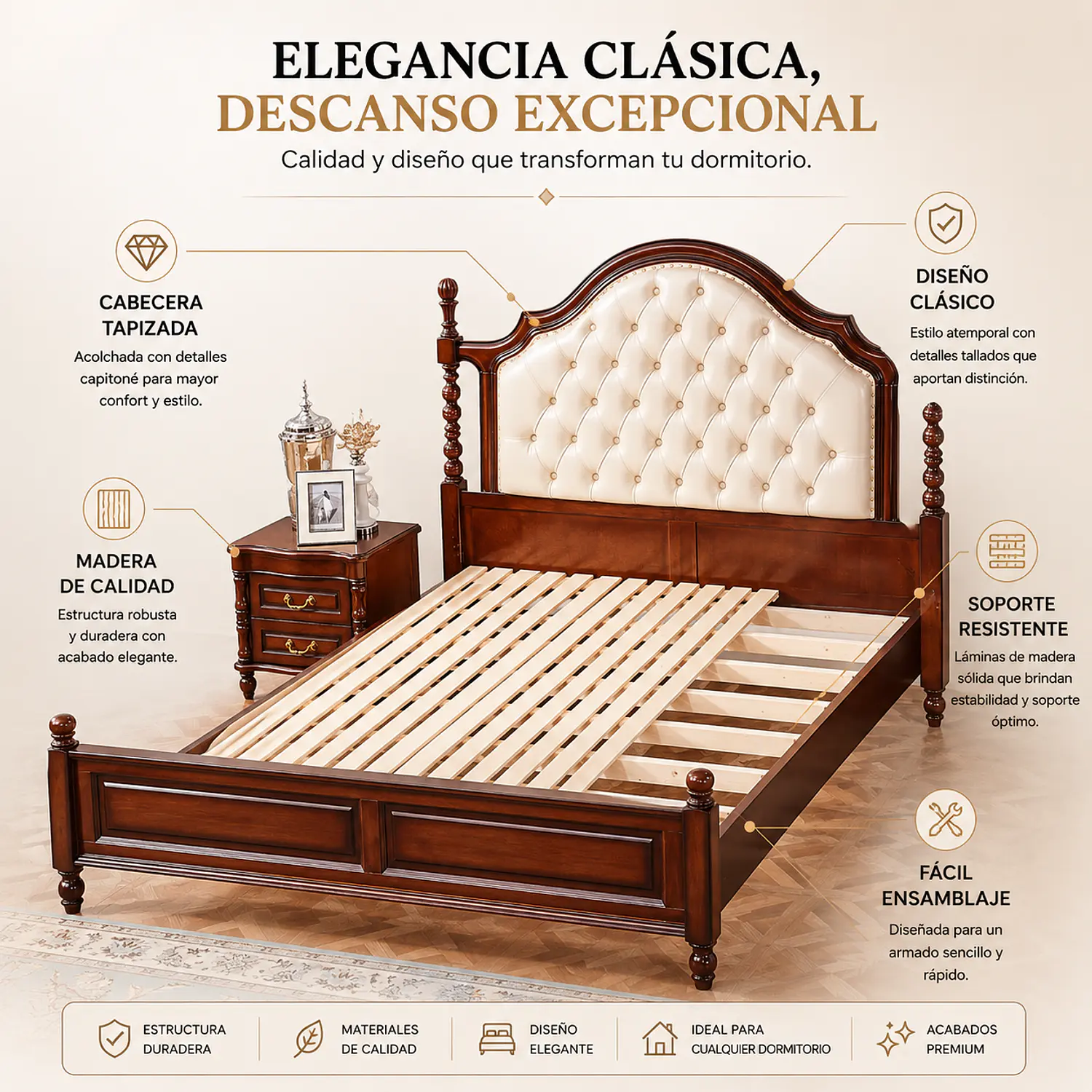 Cama Americana de Madera Maciza Color Caoba con Respaldo Capitoné 3
