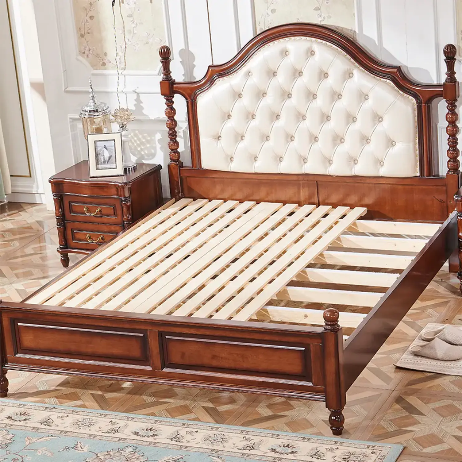Cama Americana de Madera Maciza Color Caoba con Respaldo Capitoné 4