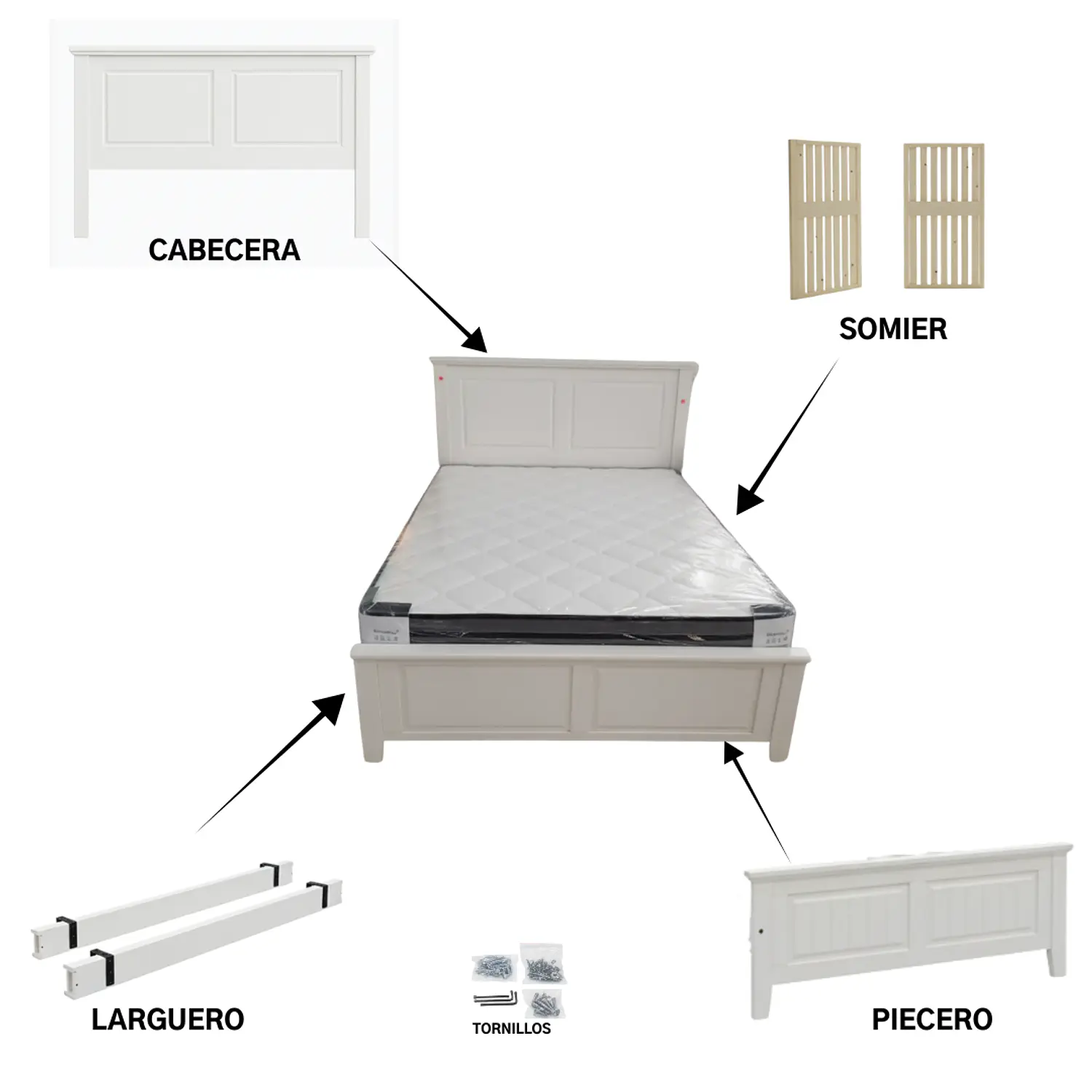 Cama de Madera Estilo Americano Blanca y Diseño Clásico 4