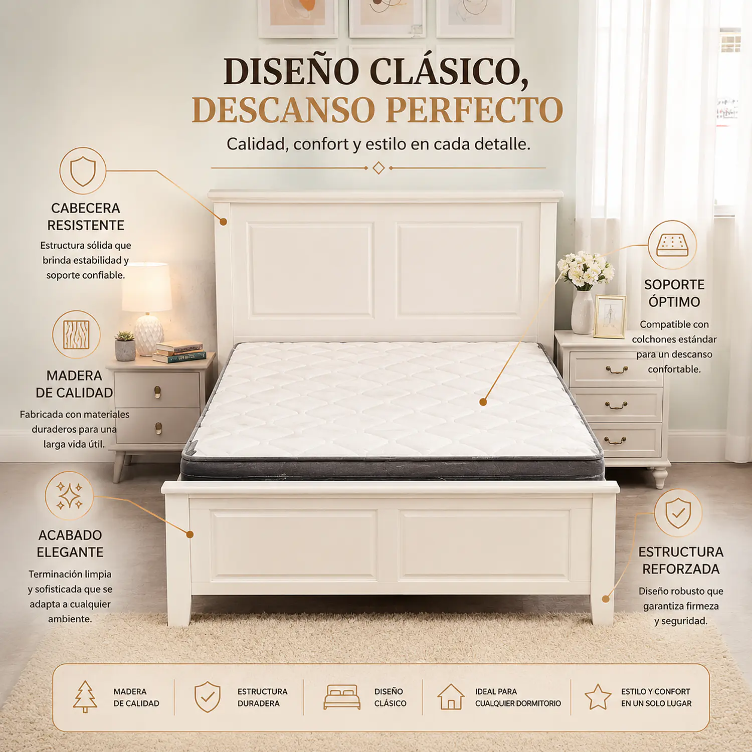 Cama de Madera Estilo Americano Blanca y Diseño Clásico 3