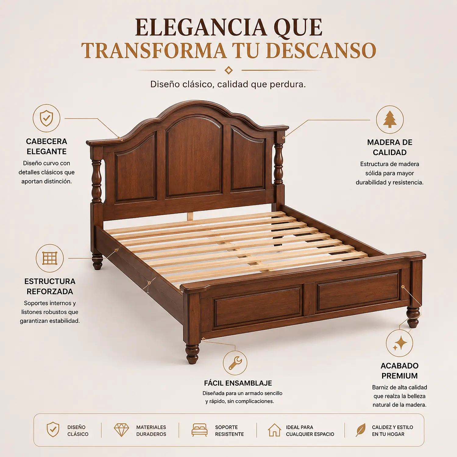 Cama Madera Cinthya Roble Americano Clásico 3