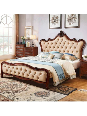 Cama Matrimonial de Madera Tallada con Tapizado Capitoné Beige