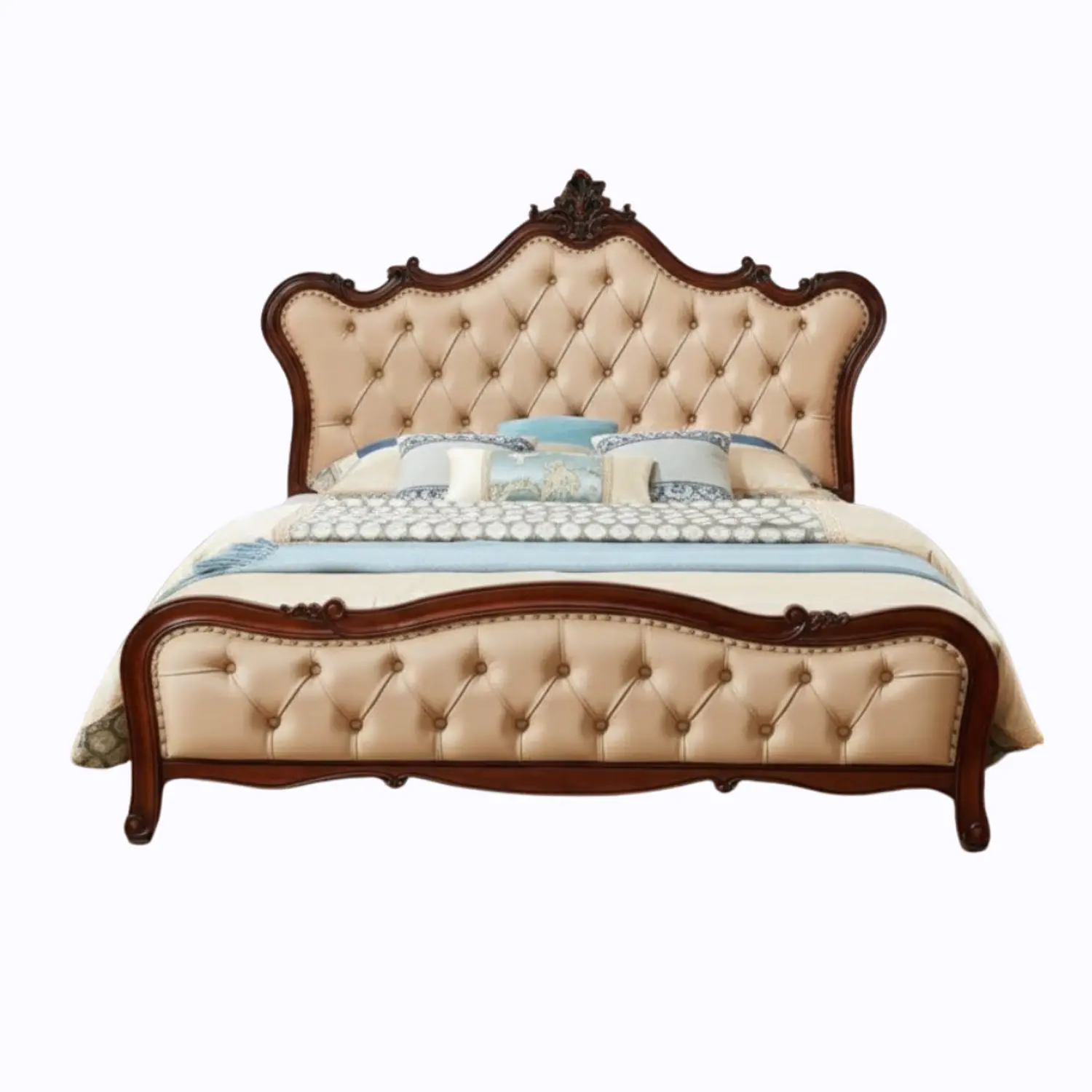 Cama Matrimonial de Madera Tallada con Tapizado Capitoné Beige 2