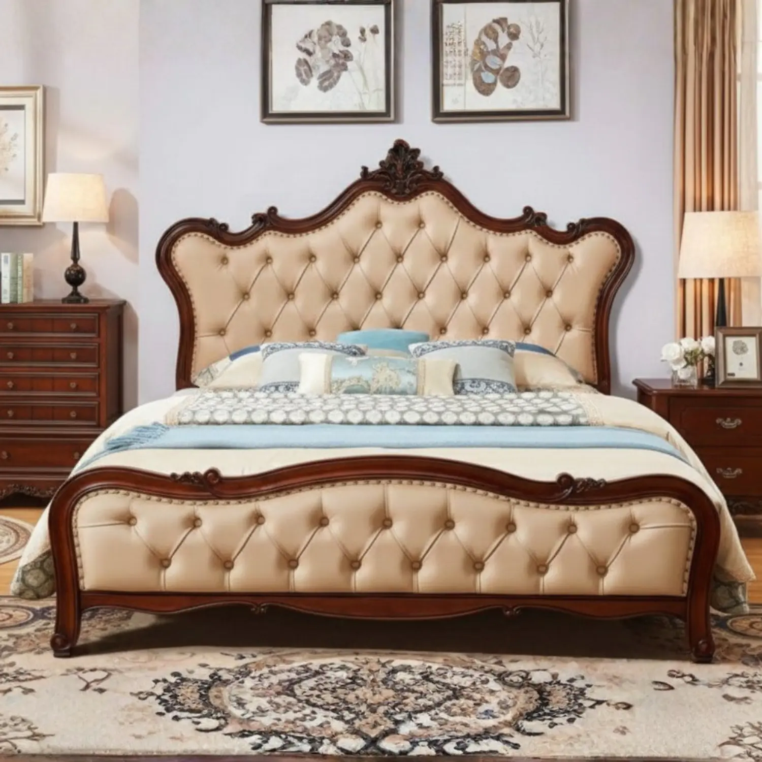 Cama Matrimonial de Madera Tallada con Tapizado Capitoné Beige 4