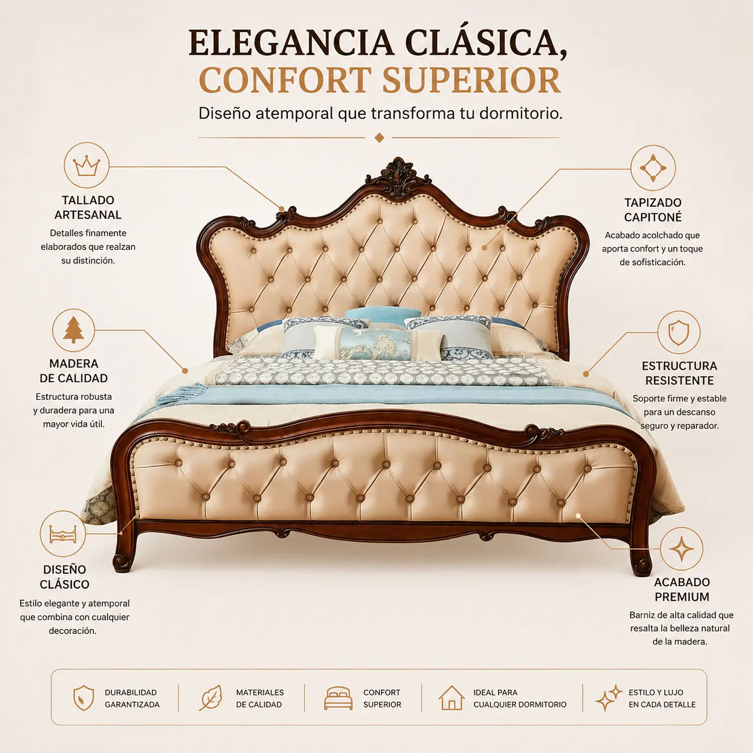 Cama Matrimonial de Madera Tallada con Tapizado Capitoné Beige 3