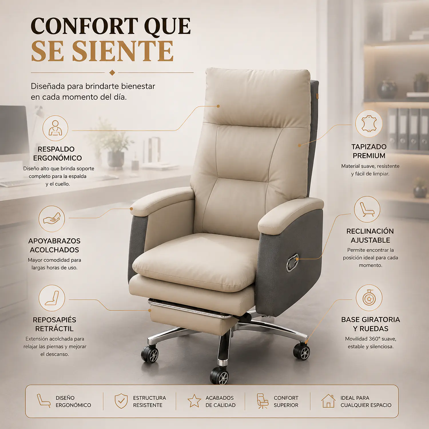 Silla de Escritorio Gerencial Ergonómica Ejecutiva con Apoya Brazos y Respaldo Alto 3