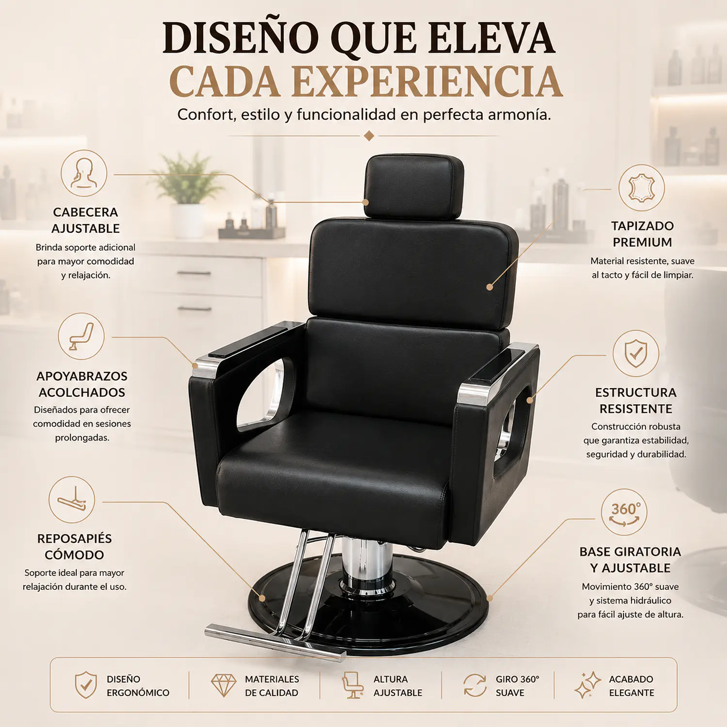 Sillón de Barbería Profesional Reclinable con Base Cuadrada y Hidráulica  Atlas Pro 2