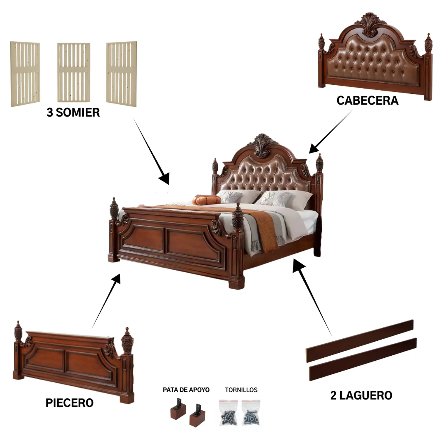 Cama 2 Plazas Madera Tallada y Respaldo Capitoné 8