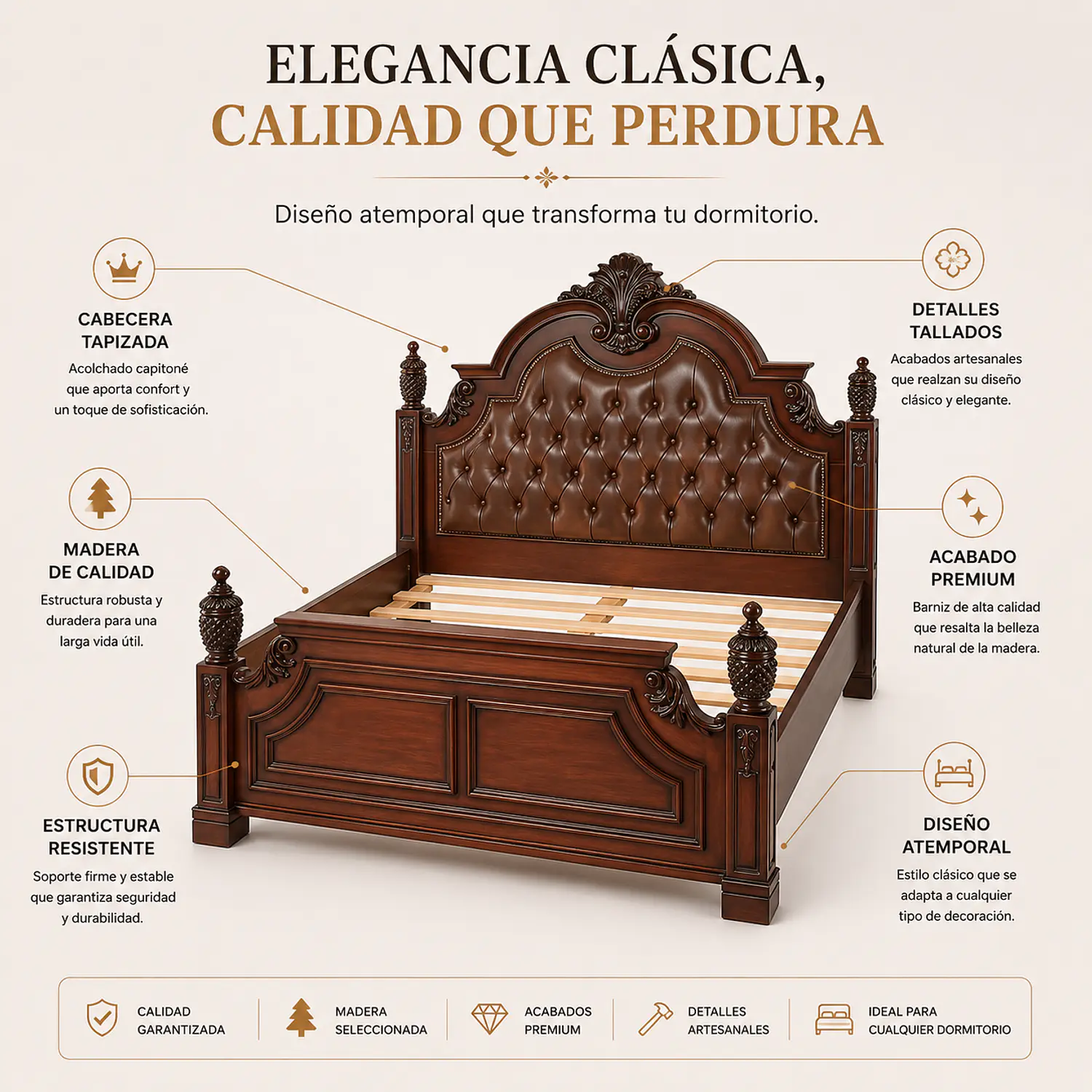 Cama 2 Plazas Madera Tallada y Respaldo Capitoné 3