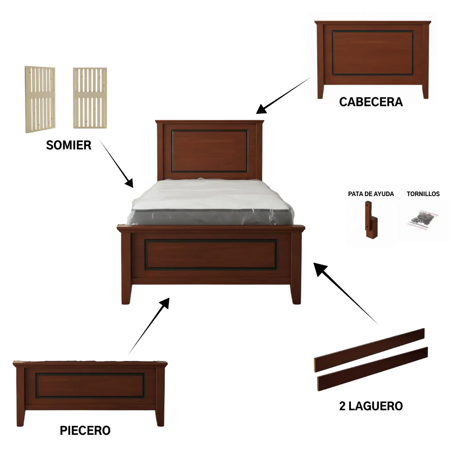 Cama Individual de Madera Color Caoba Estilo Clásico Americano 6