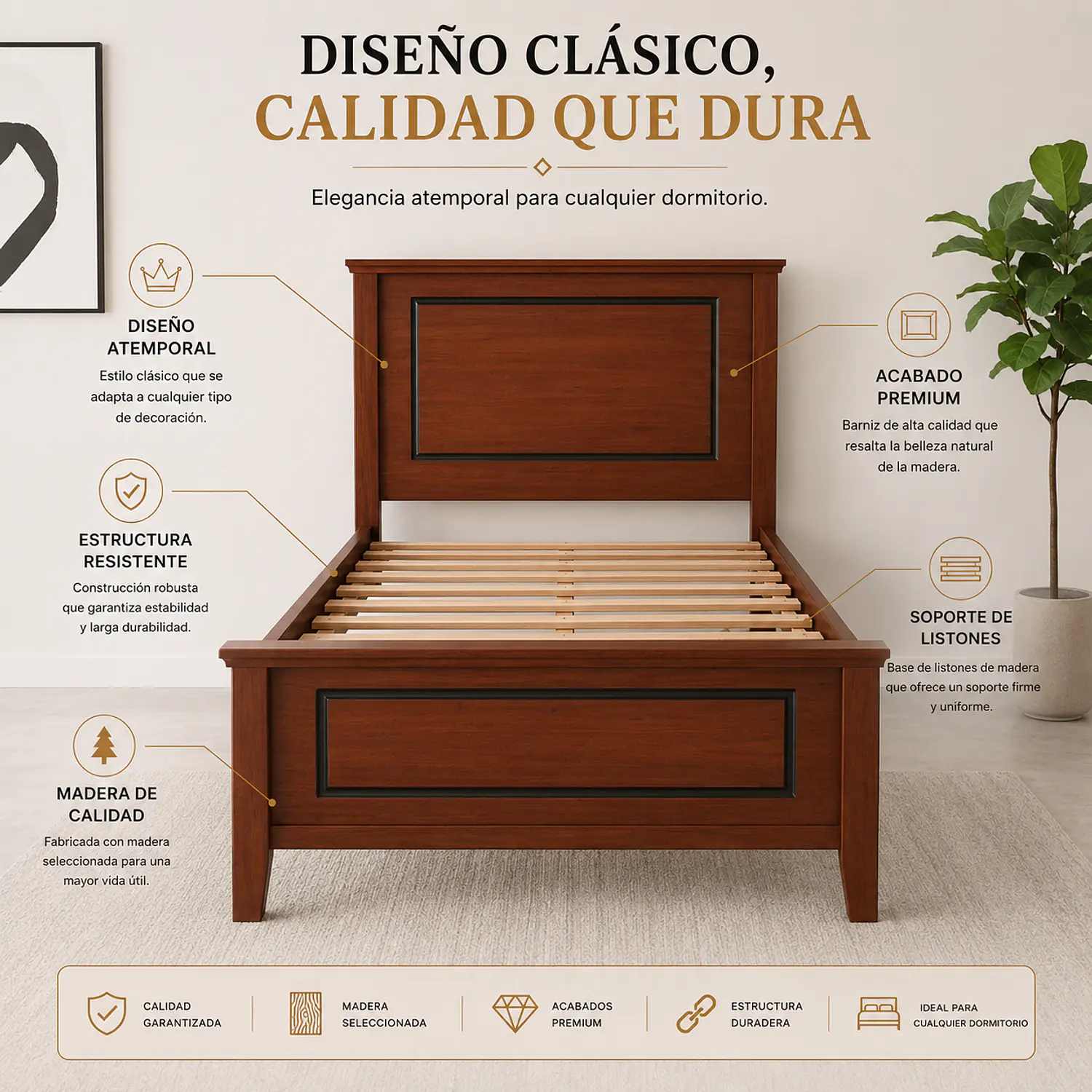Cama Individual de Madera Color Caoba Estilo Clásico Americano 3
