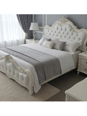 Cama King Barroca Roble Americano Blanca Ecocuero Capitoné