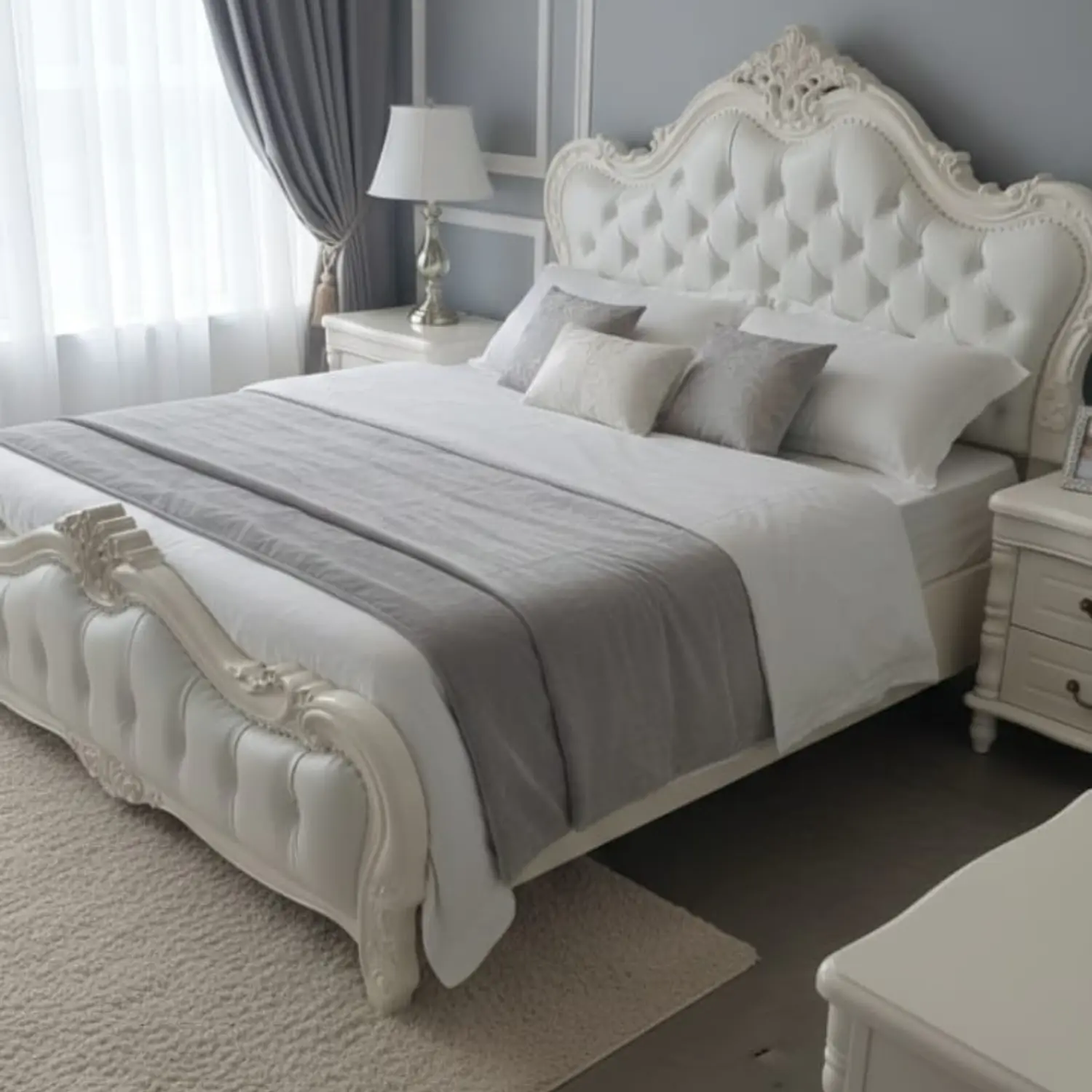 Cama King Barroca Roble Americano Blanca Ecocuero Capitoné 1