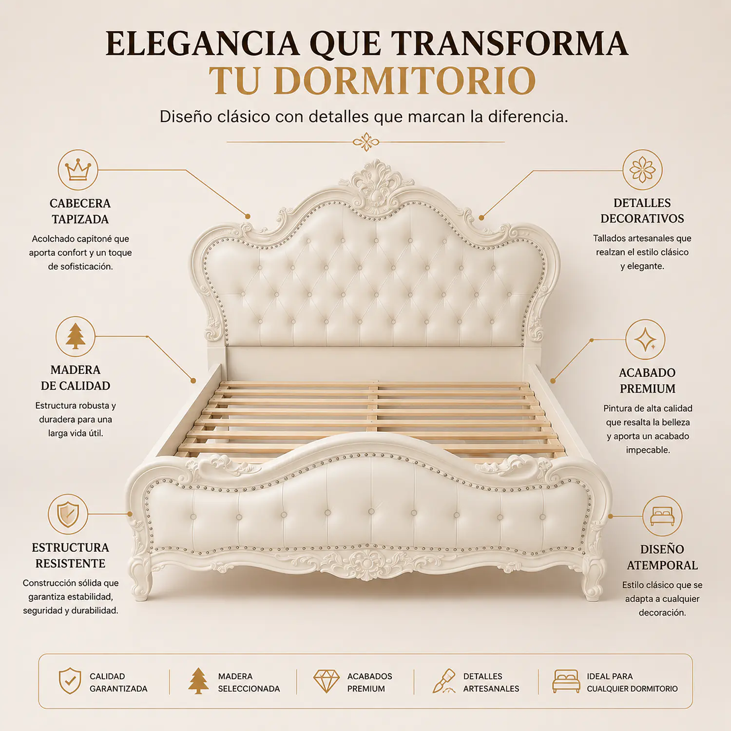 Cama King Barroca Roble Americano Blanca Ecocuero Capitoné 3