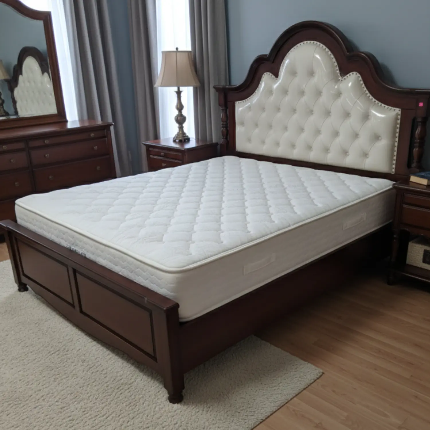 Cama King Beige Roble Americano Capitoné Ecocuero 2
