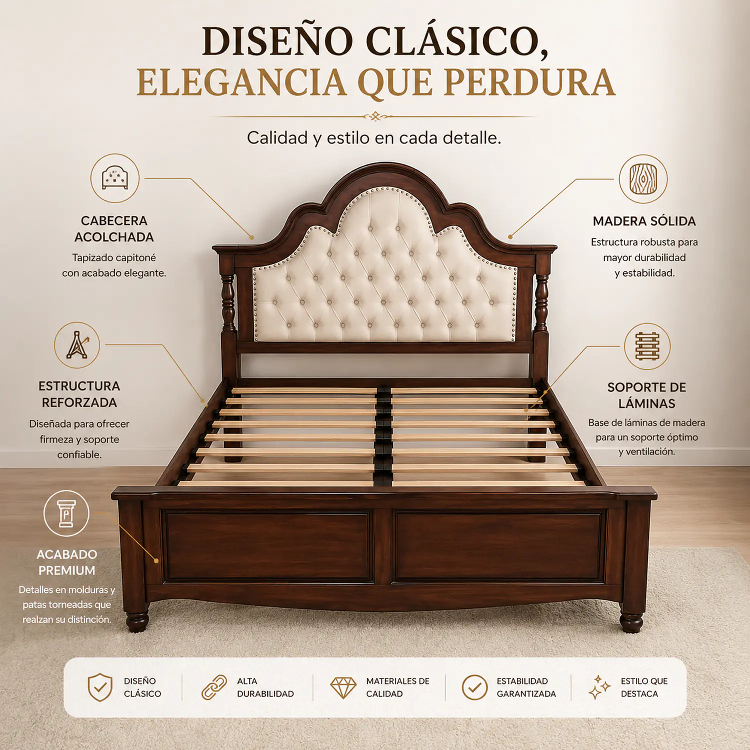 Cama King Beige Roble Americano Capitoné Ecocuero 3
