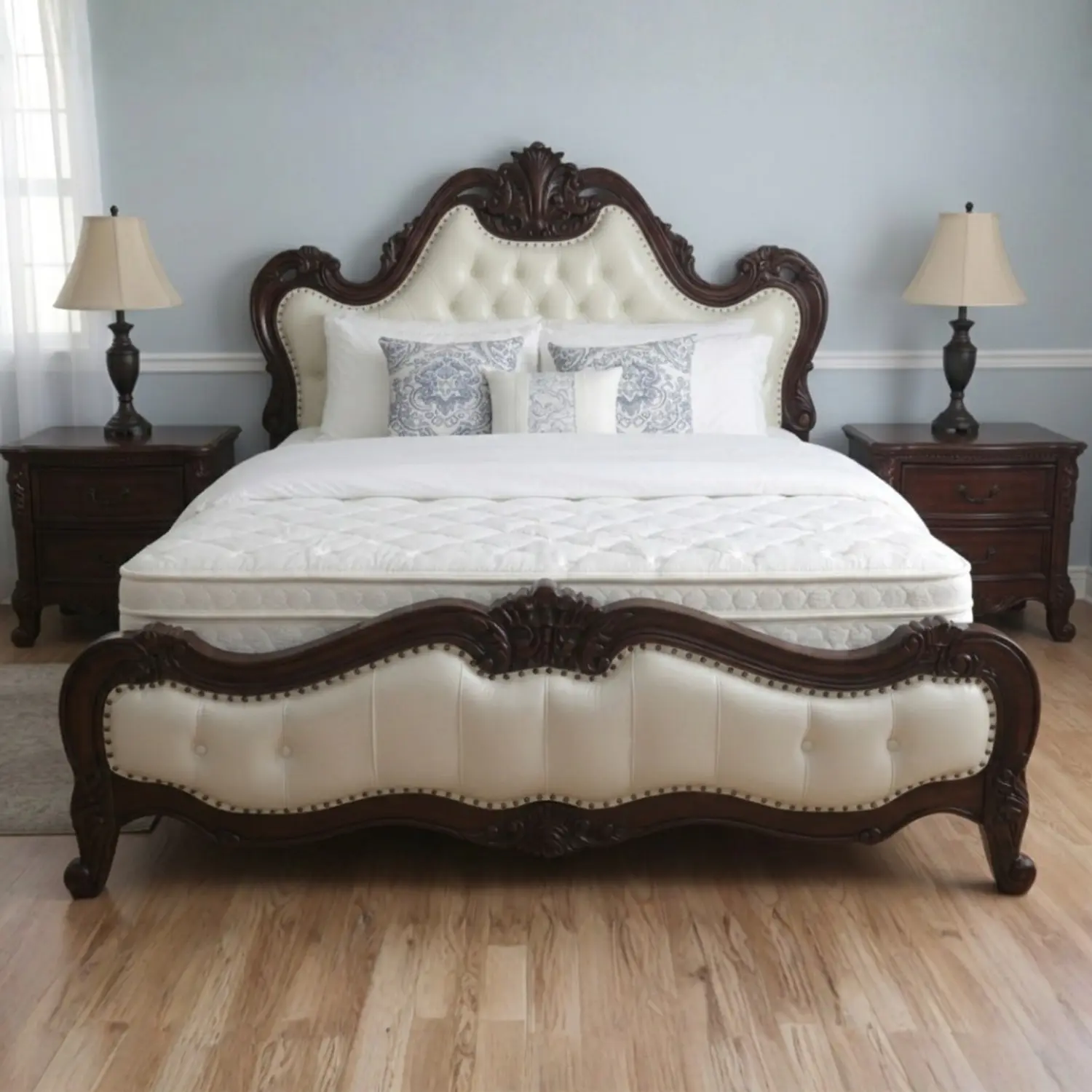 Cama King de Madera Tallada y Doble Tapizado en Ecocuero Capitoné Beige 1