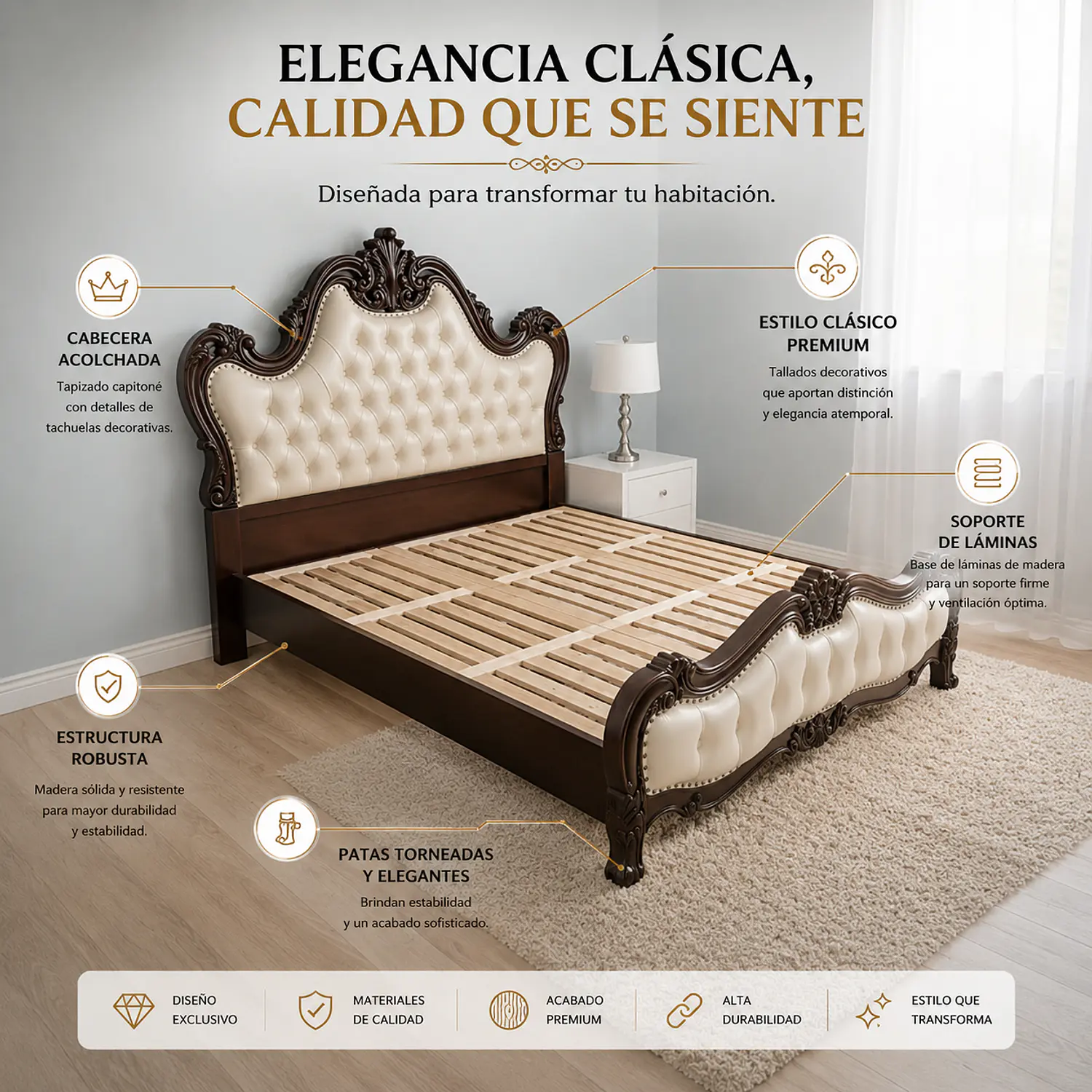 Cama King de Madera Tallada y Doble Tapizado en Ecocuero Capitoné Beige 3