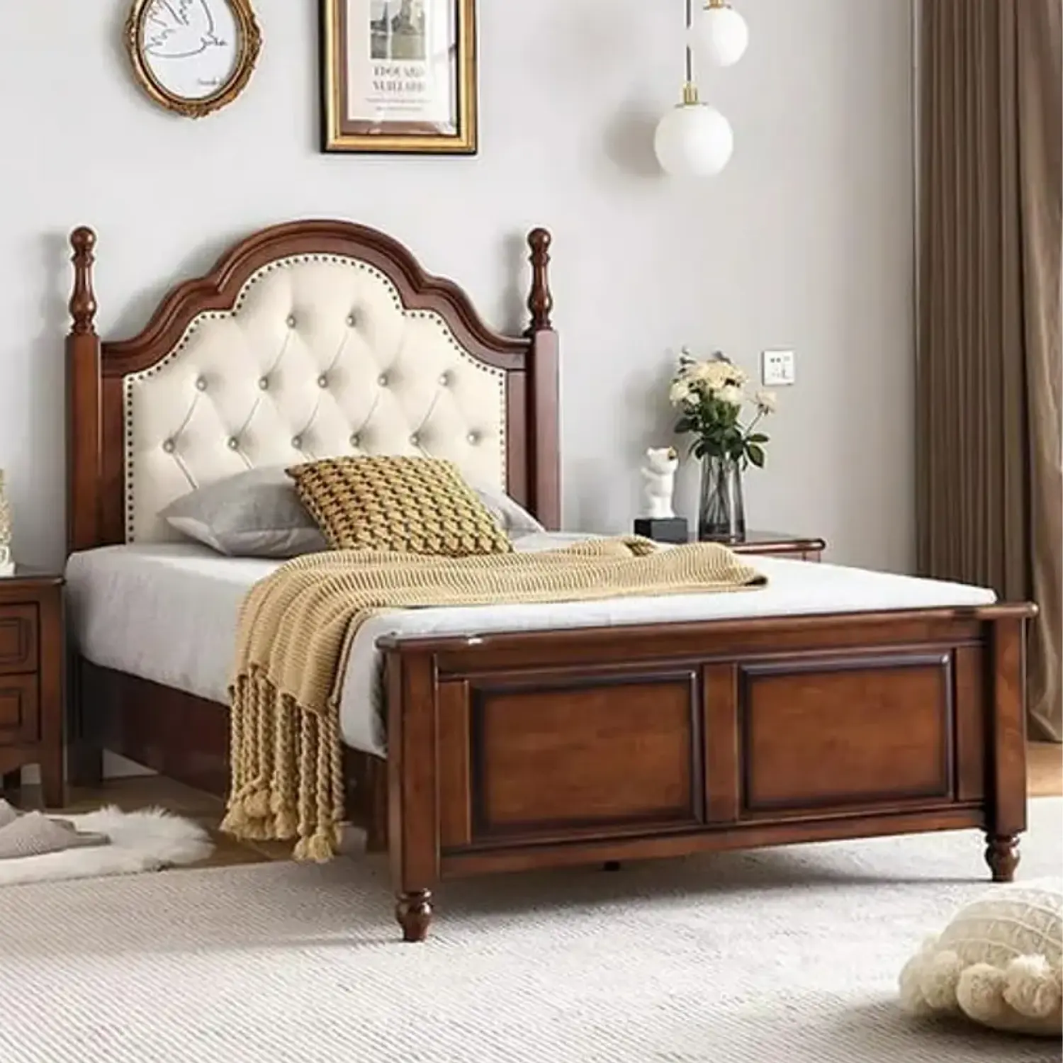 Cama Capitoné Plaza y Media Tapizada Estilo Clásico 1