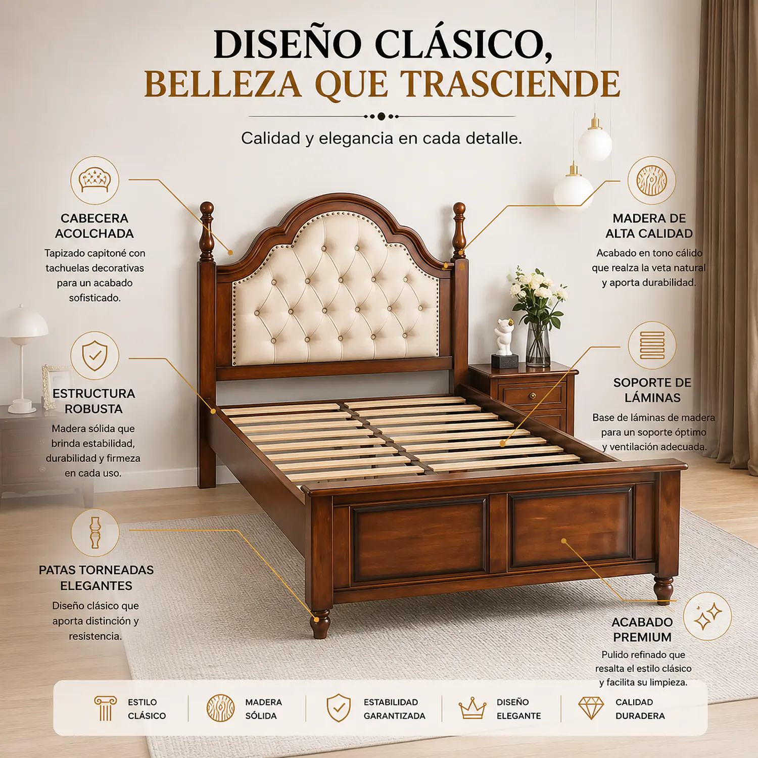 Cama Capitoné Plaza y Media Tapizada Estilo Clásico 2