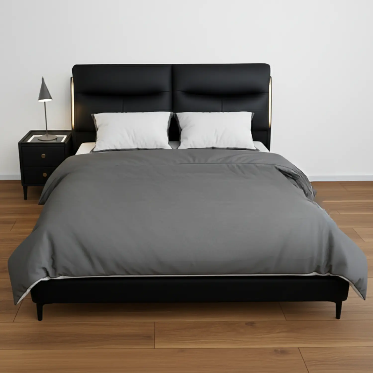Cama Negra Moderna con Luces LED y Respaldo Tapizado 1