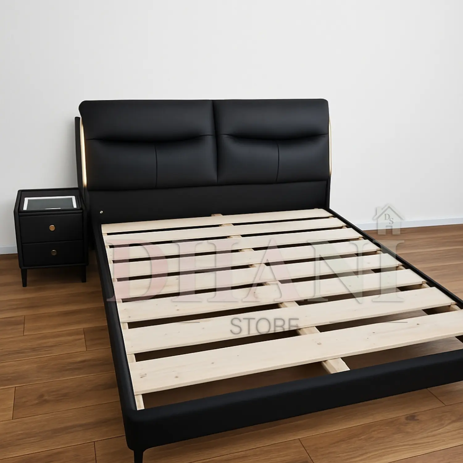 Cama Negra Moderna con Luces LED y Respaldo Tapizado 2