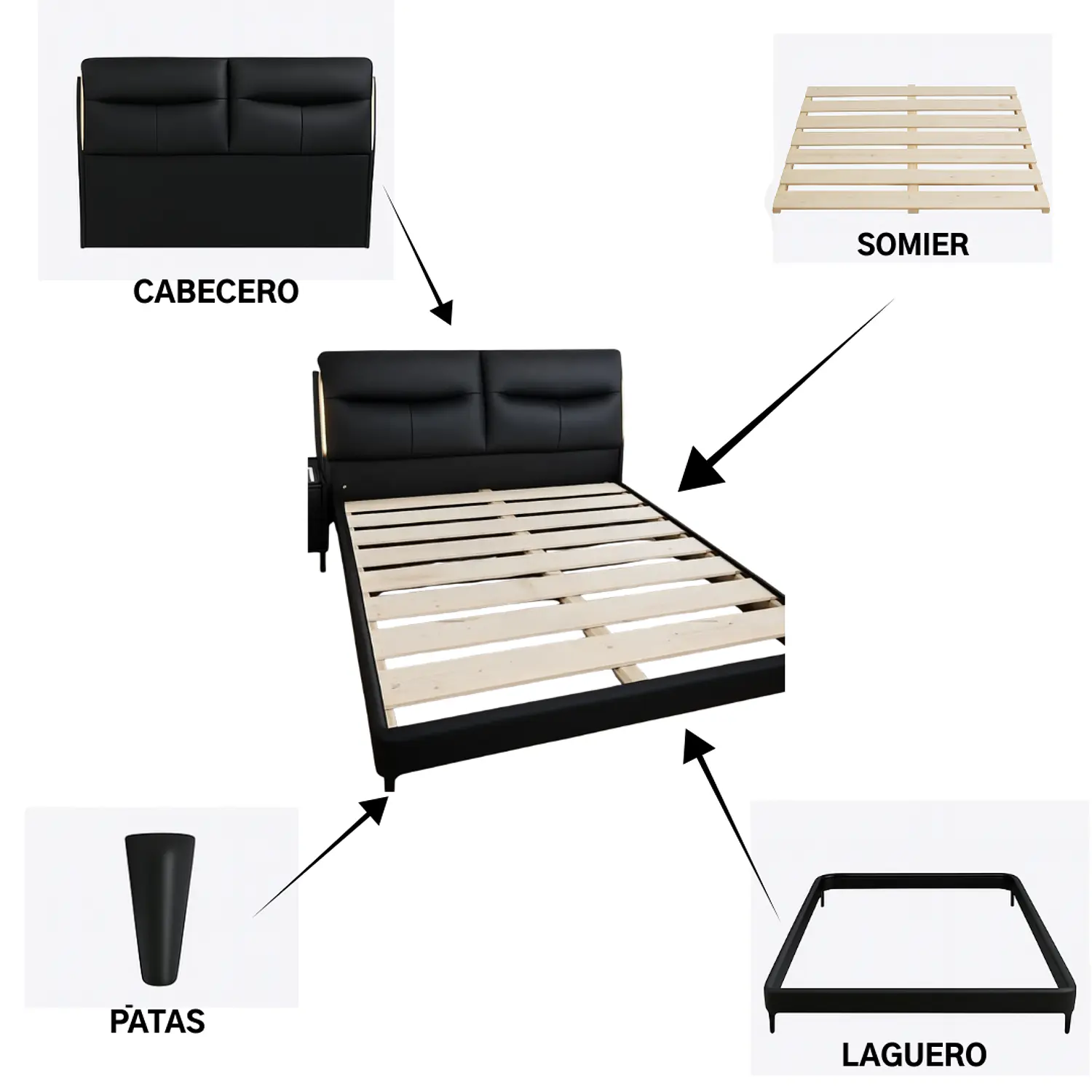 Cama Negra Moderna con Luces LED y Respaldo Tapizado 6