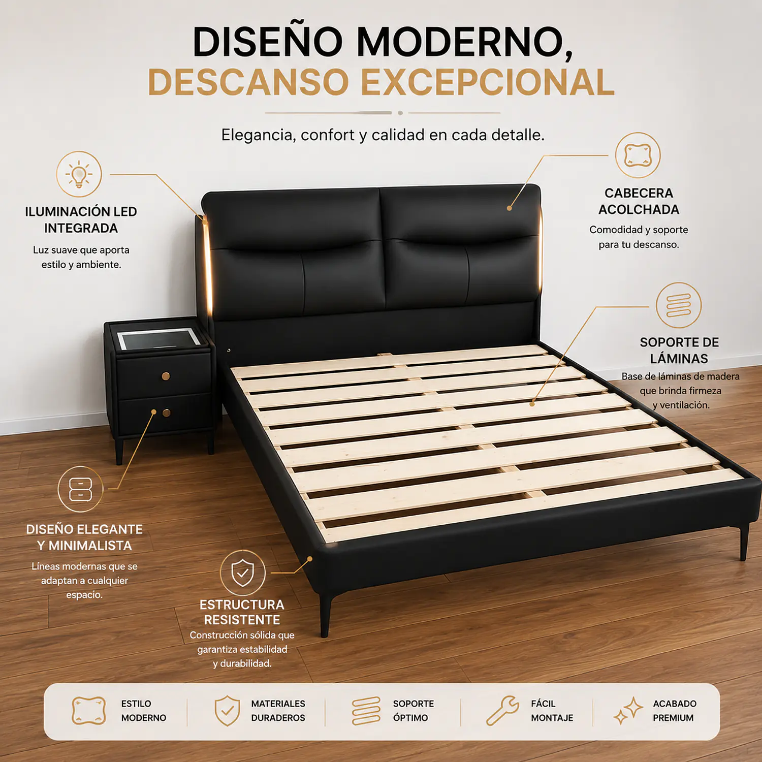 Cama Negra Moderna con Luces LED y Respaldo Tapizado 3