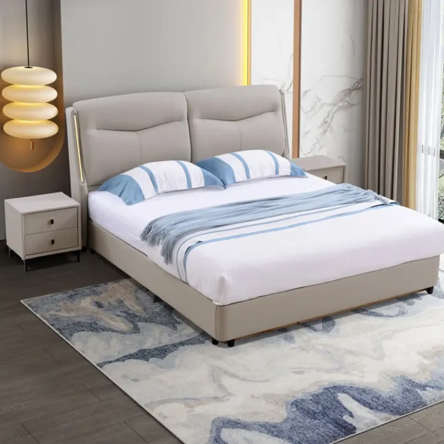 Cama Gris Tapizada con Luces LED en Respaldo 1