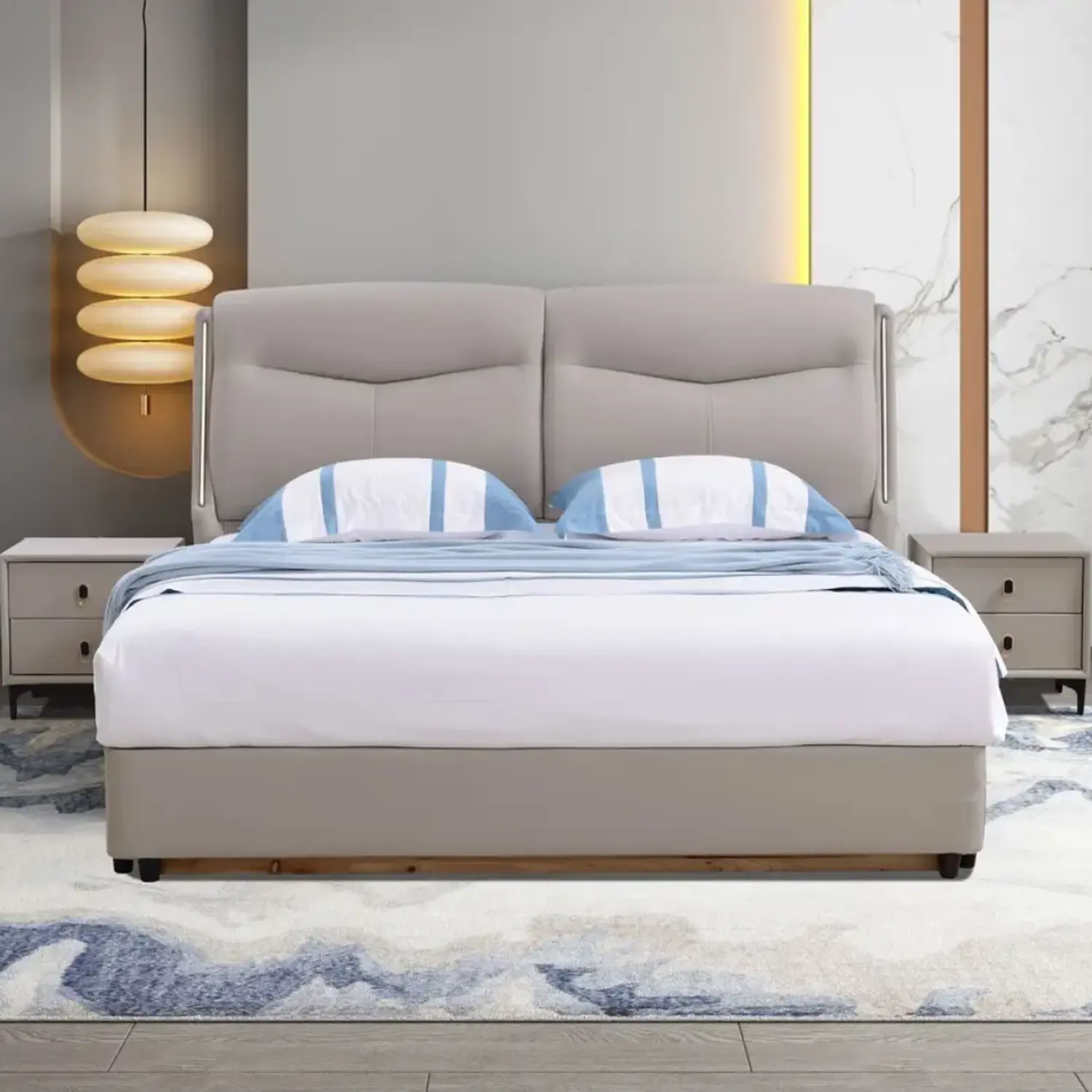 Cama Gris Tapizada con Luces LED en Respaldo 2