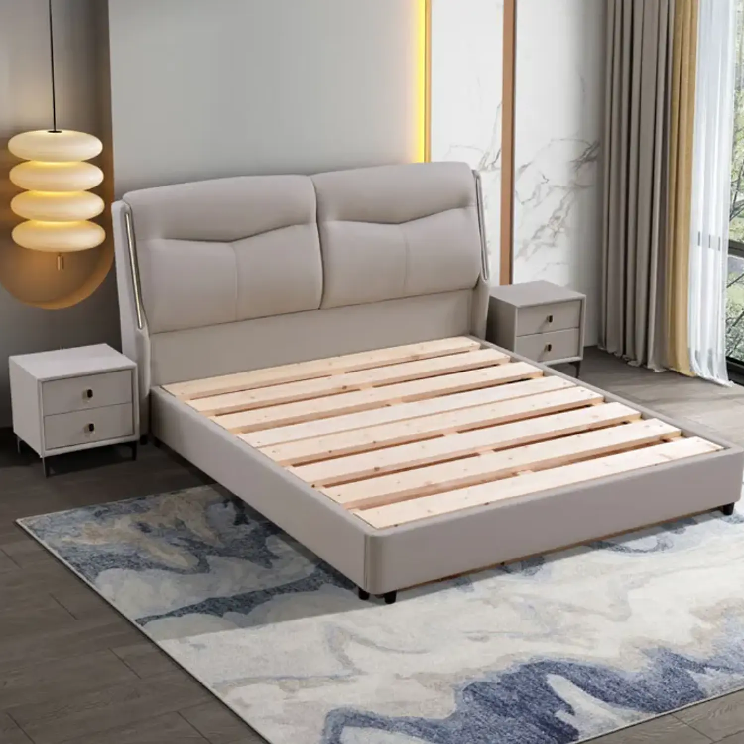 Cama Gris Tapizada con Luces LED en Respaldo 4