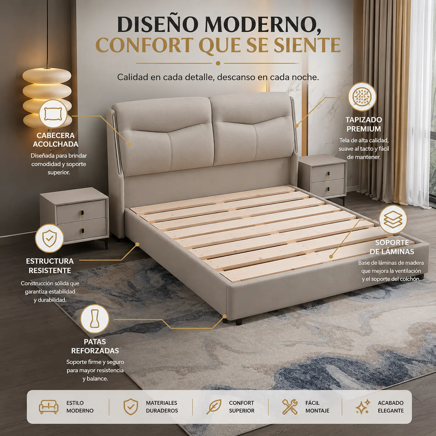 Cama Gris Tapizada con Luces LED en Respaldo 3