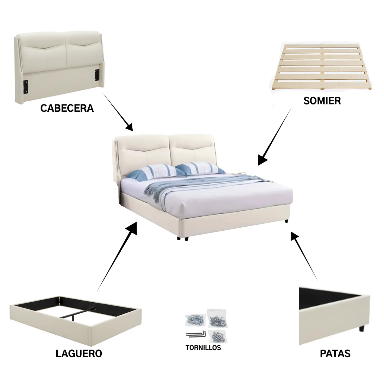 Cama Beige 2 Plazas Tapizada con Luces LED  6