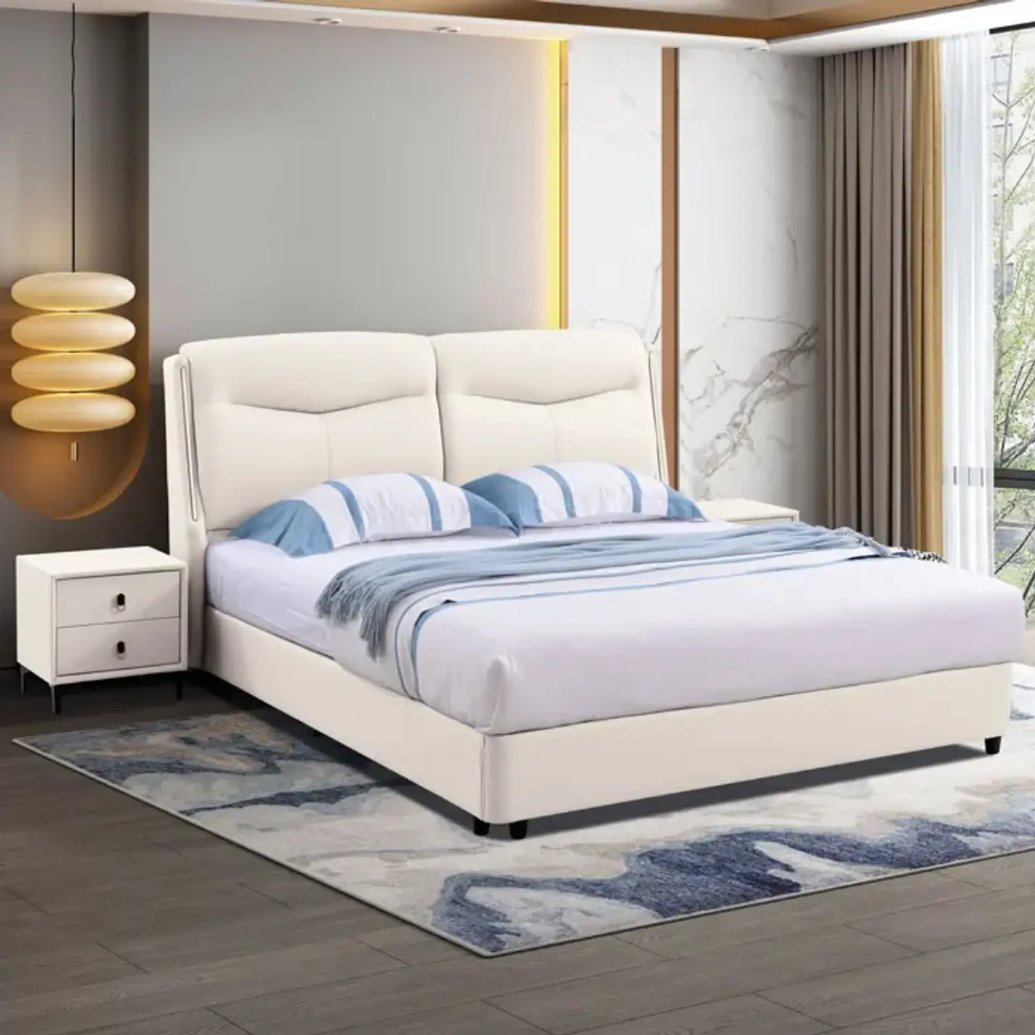 Cama Beige 2 Plazas Tapizada con Luces LED  1