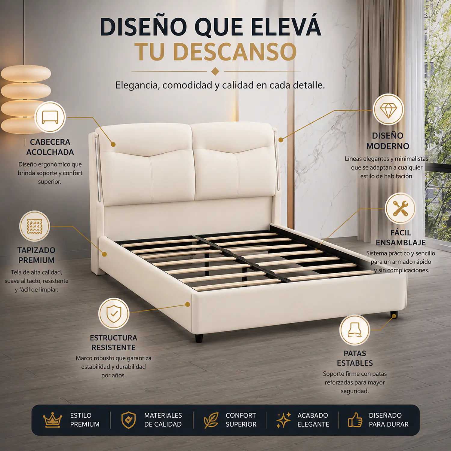 Cama Beige 2 Plazas Tapizada con Luces LED  2