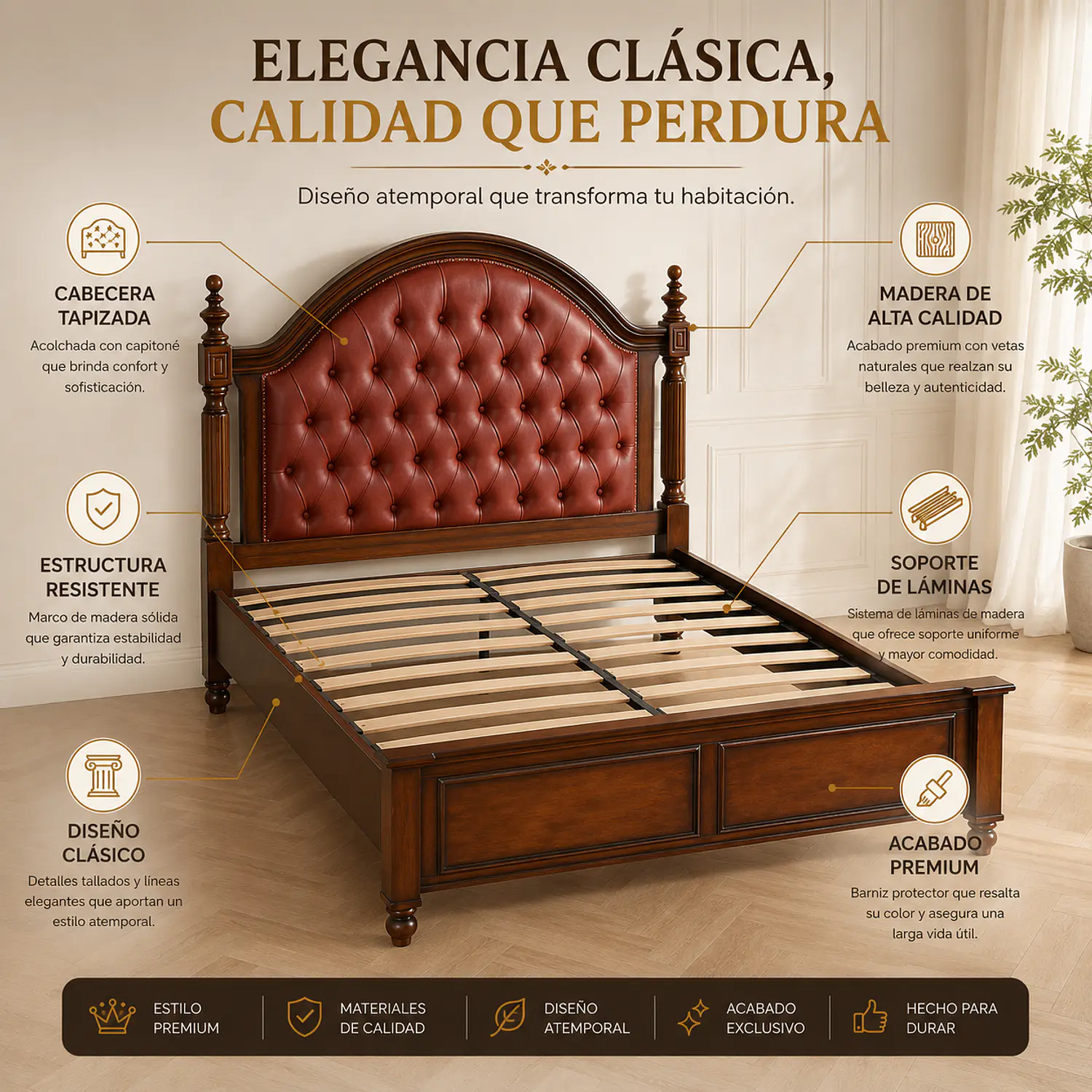 Cama de Madera Capitoné Caoba Dos Plazas y King  3