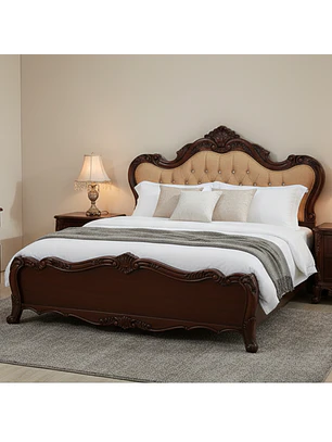 Cama King de Madera Beige Capitoné Estilo Clásico
