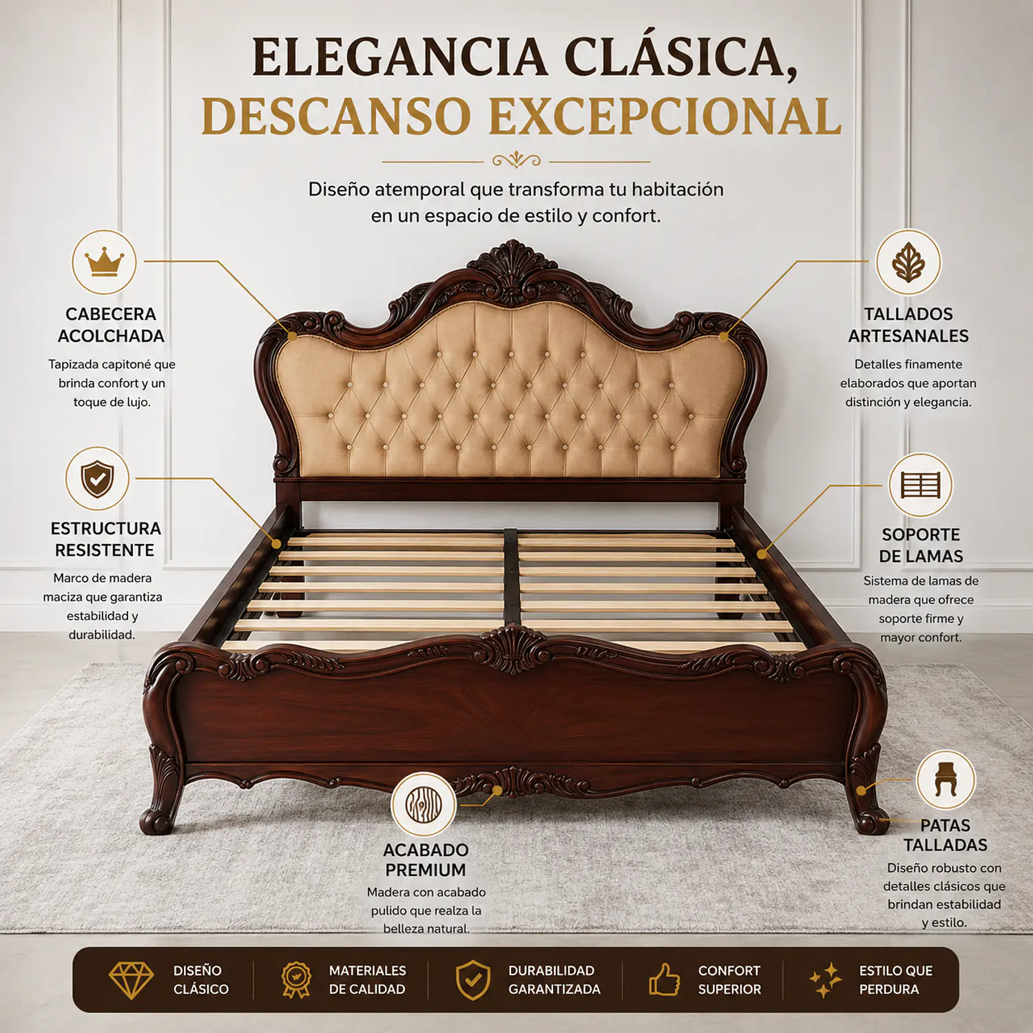 Cama King de Madera Beige Capitoné Estilo Clásico 3