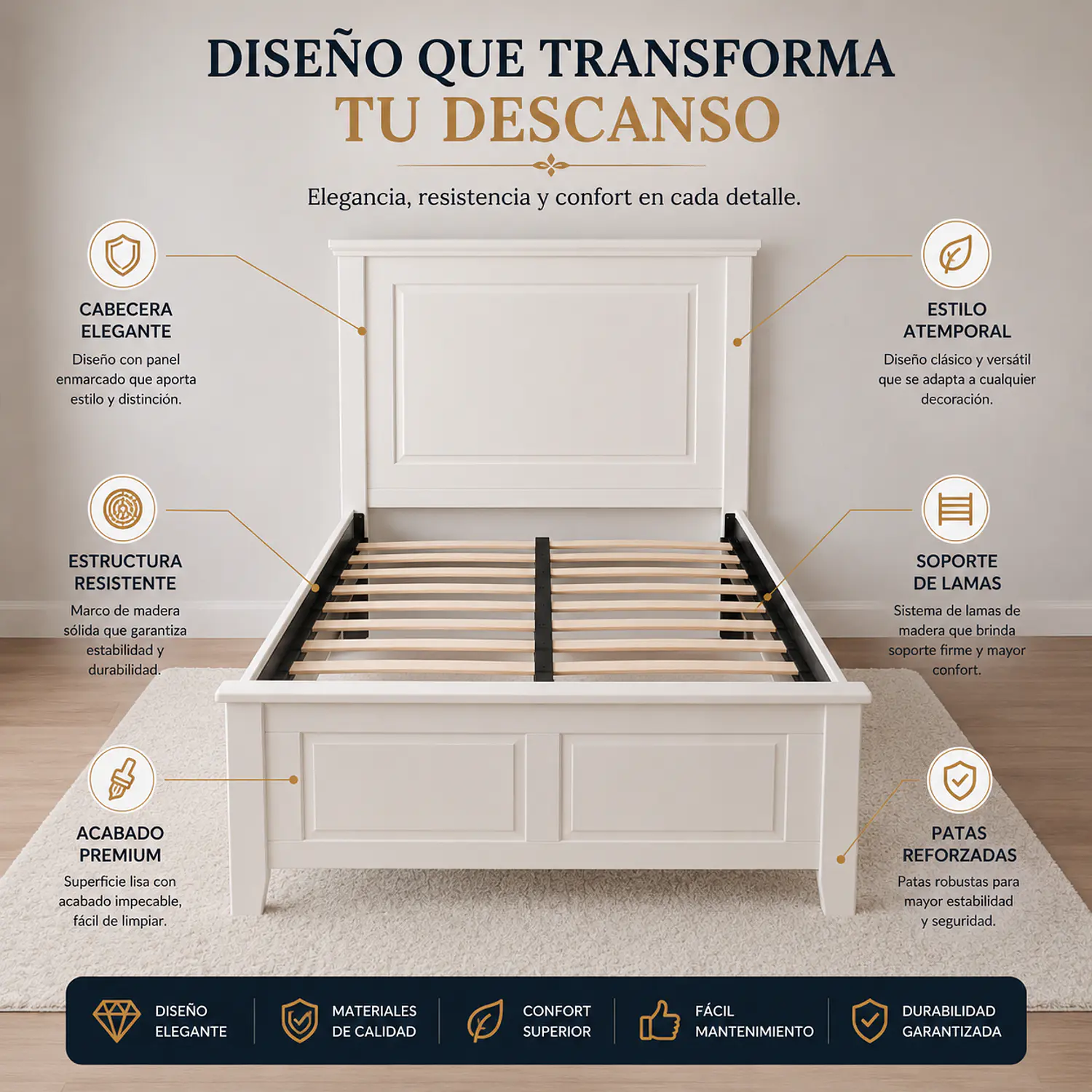 Cama de Madera Blanca Plaza y Media e Individual con Respaldo 3