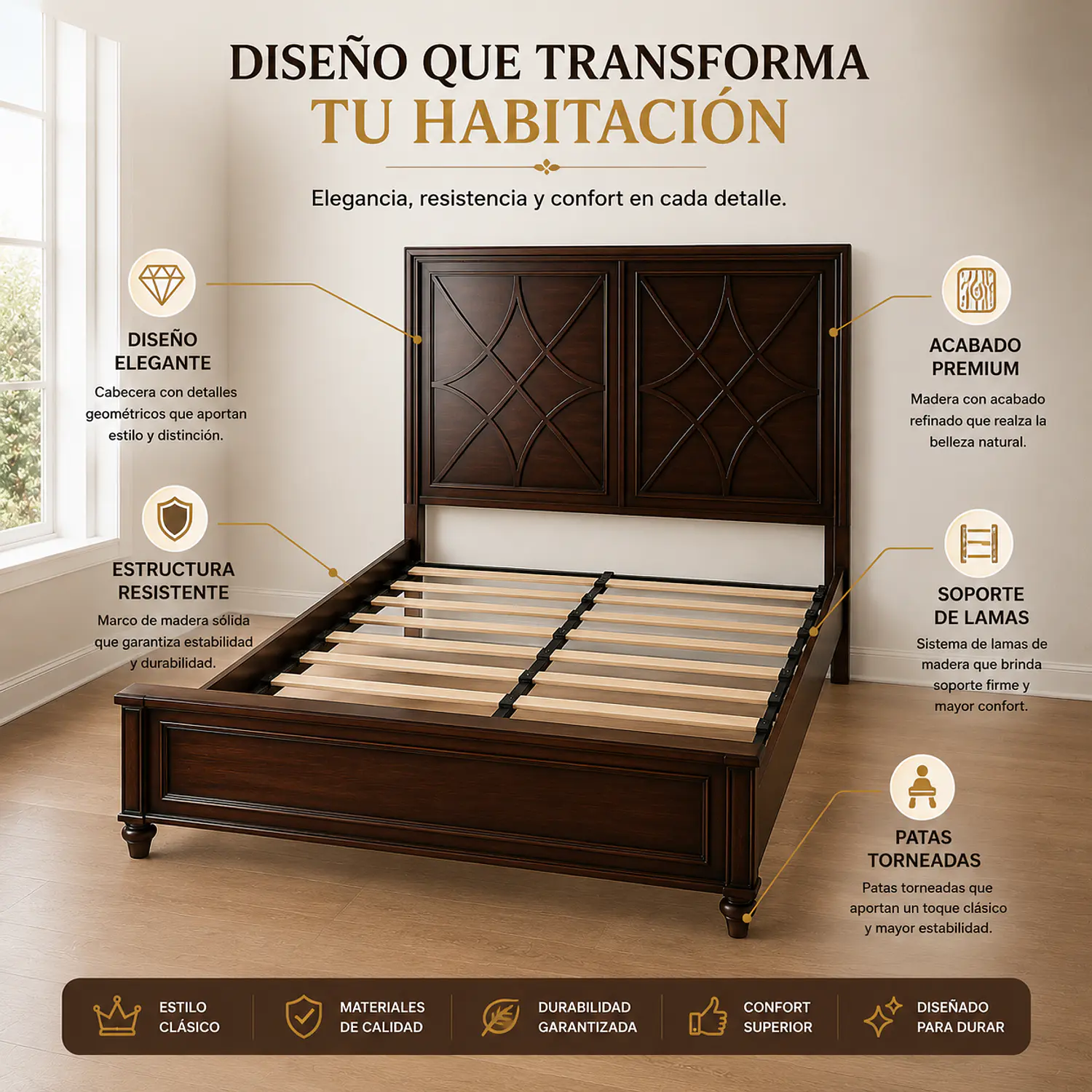 Cama King Roble Americano Premium Base Pino Macizo 3