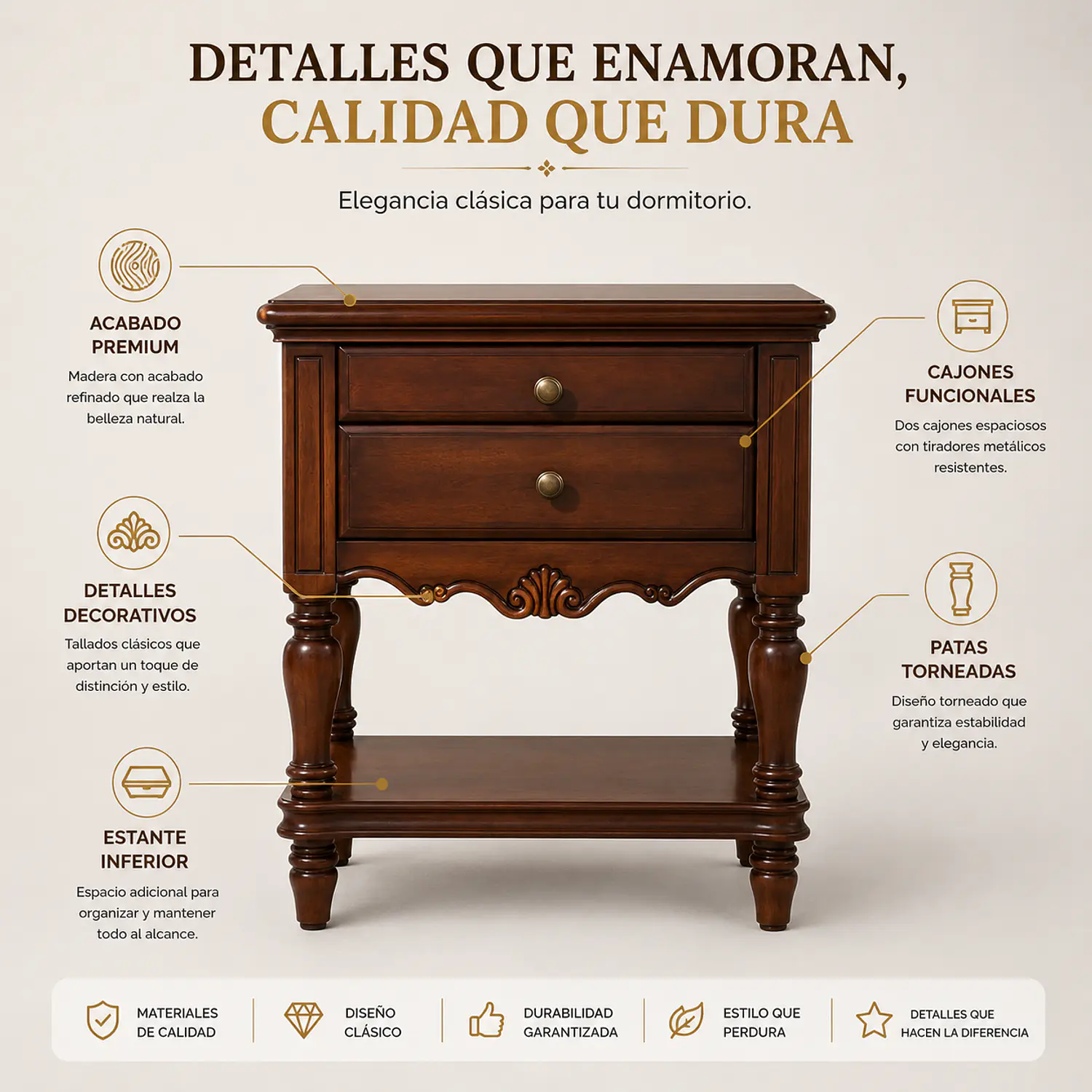 Velador de Madera con 2 Cajones con Tallado Mas Nivel  3