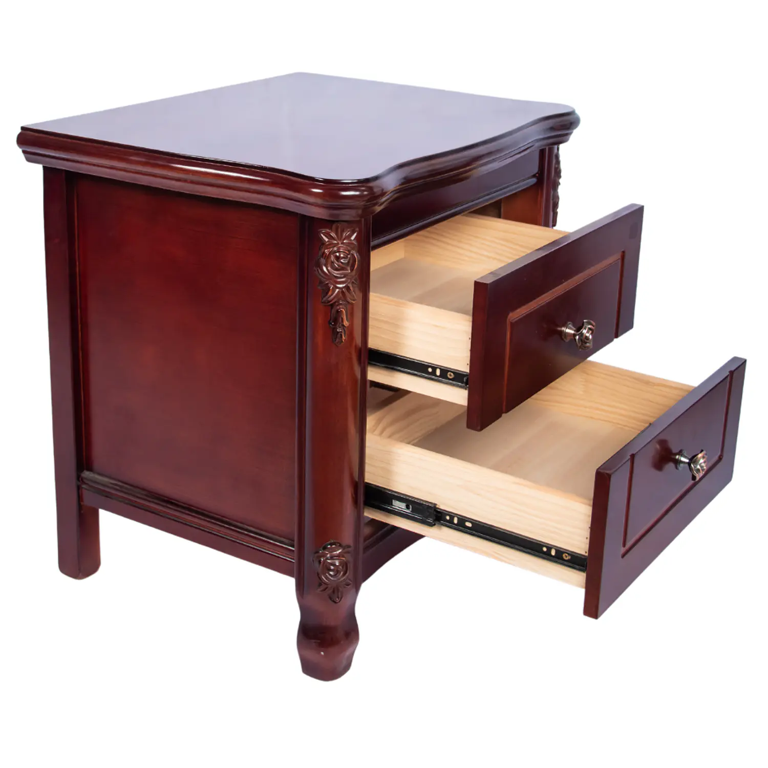 Velador Clásico Caoba con 2 Cajones y Tallado Decorativo de Madera 4