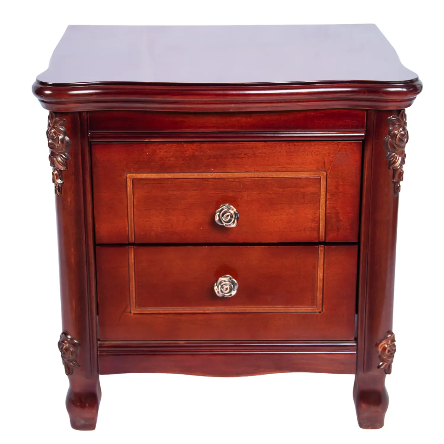 Velador Clásico Caoba con 2 Cajones y Tallado Decorativo de Madera 2