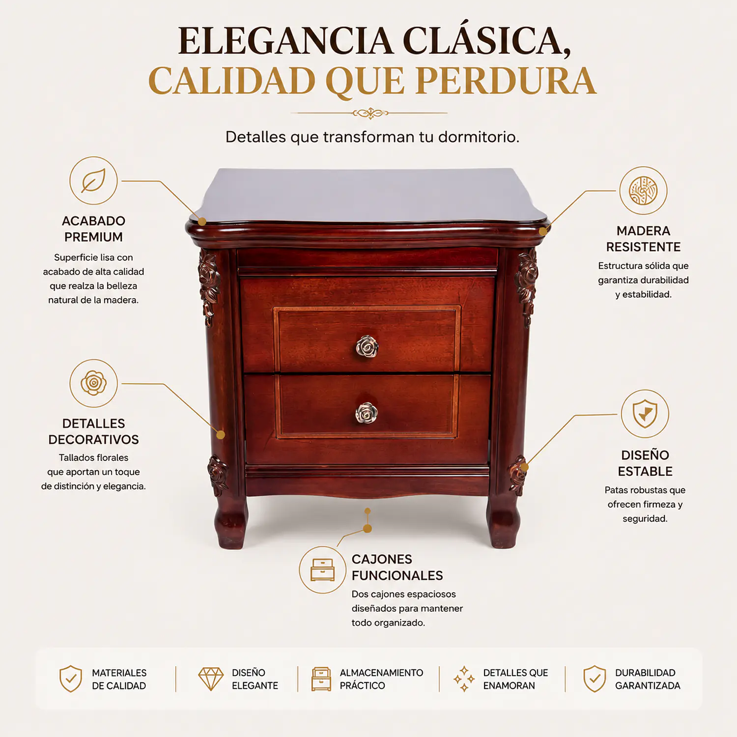 Velador Clásico Caoba con 2 Cajones y Tallado Decorativo de Madera 3